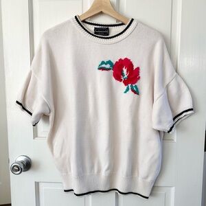Vintage Mademoiselle Rose Floral Knit Short Sleeve Sweater Cottagecore Size 2X